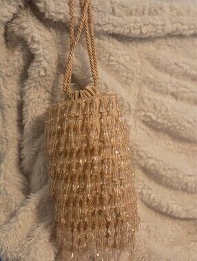 Beaded Fringe Drawstring Wristlet - Peachy Nude